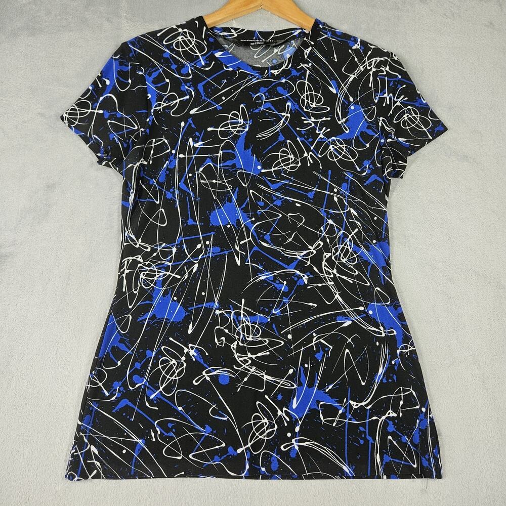 Norma Kamali Blouse Womens Size Large Abstract Paint Splatter‎ Black Slinky Top